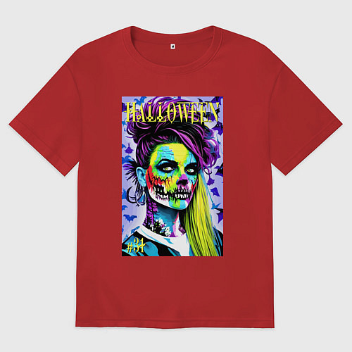 Женская футболка оверсайз Halloween zombie - magazin cover / Красный – фото 1