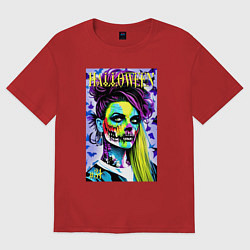 Футболка оверсайз женская Halloween zombie - magazin cover, цвет: красный