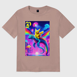 Футболка оверсайз женская Пикачу верхом на водяном драконе, цвет: пыльно-розовый