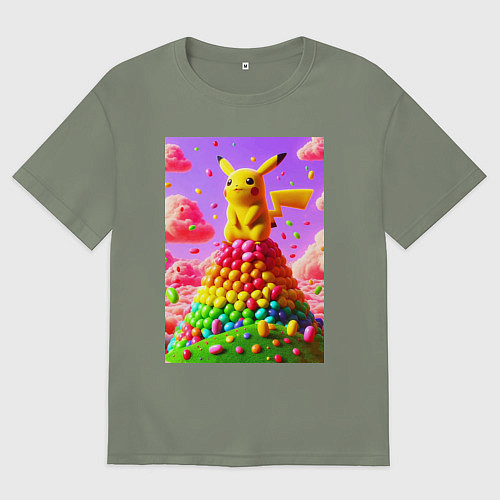 Женская футболка оверсайз Пикачу сидит на горе из монпансье / Авокадо – фото 1