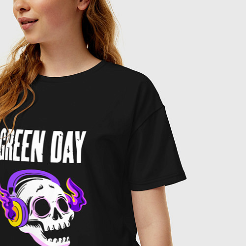 Женская футболка оверсайз Green Day - неоновый череп / Черный – фото 3