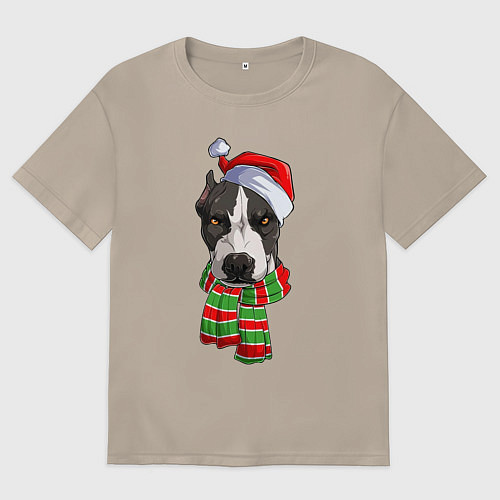 Женская футболка оверсайз Новогодний питбуль / Миндальный – фото 1