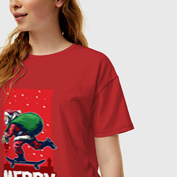 Футболка оверсайз женская Санта на скейте, цвет: красный — фото 2