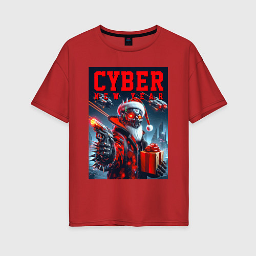 Женская футболка оверсайз Cyber Santa with a gun - ai art / Красный – фото 1