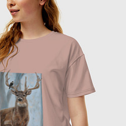 Футболка оверсайз женская Олень и птица живопись, цвет: пыльно-розовый — фото 2