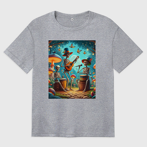 Женская футболка оверсайз Трио скелетов музицируют на грибной поляне / Меланж – фото 1