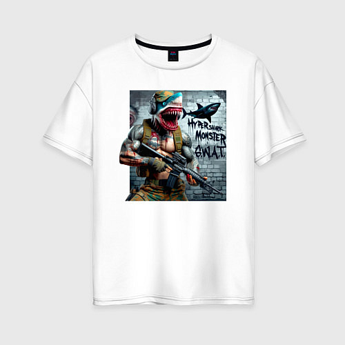 Женская футболка оверсайз Hyper shark monster swat - ai art fantasy / Белый – фото 1