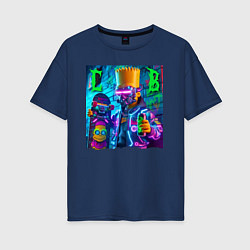 Футболка оверсайз женская Скейтбордист Барт Симпсон в кибермаске - неоновое, цвет: тёмно-синий