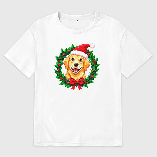 Женская футболка оверсайз Милый Лабрадор ретривер и праздничный венок / Белый – фото 1