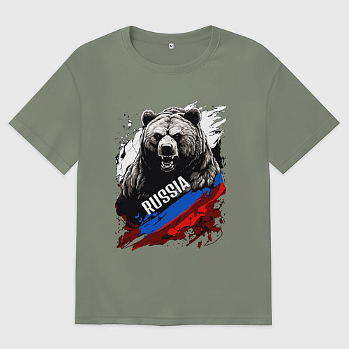 Женская футболка оверсайз Русский медведь на фоне флага России / Авокадо – фото 1