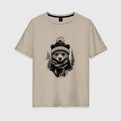 Футболка оверсайз женская Мишка в шапке с помпоном, цвет: миндальный