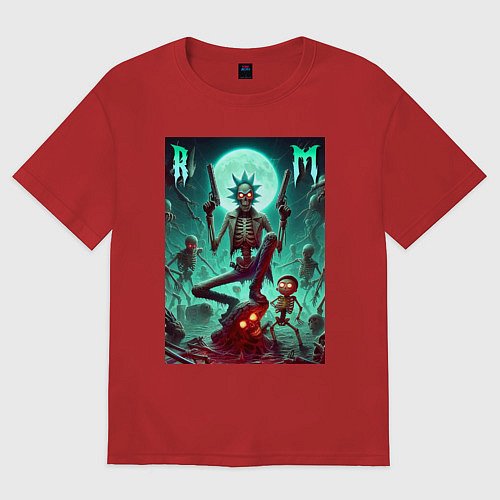Женская футболка оверсайз Скелет Рика с двумя пистолетами и Морти / Красный – фото 1