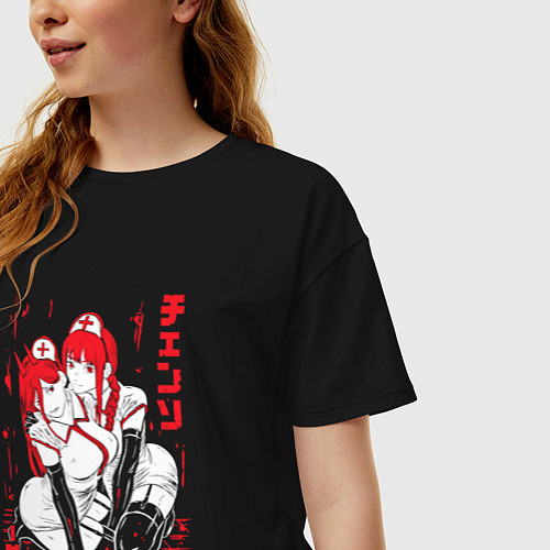 Женская футболка оверсайз Человек-бензопила Пауэр и Макима медсестры / Черный – фото 3