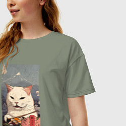 Футболка оверсайз женская Cat meme - japan style, цвет: авокадо — фото 2