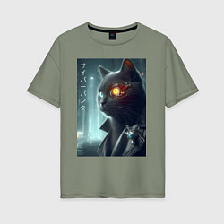 Футболка оверсайз женская Black cat - cyberpunk, цвет: авокадо