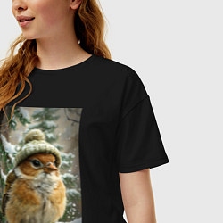 Футболка оверсайз женская Воробей в шапке, цвет: черный — фото 2