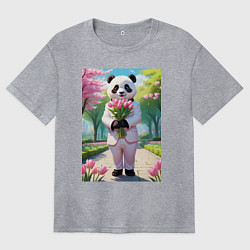 Футболка оверсайз женская Панда с букетом тюльпанов, цвет: меланж