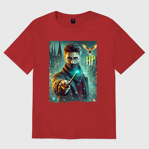 Женская футболка оверсайз Harry Potter with a magic wand - ai art fantasy / Красный – фото 1