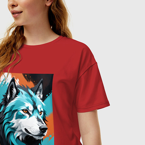 Женская футболка оверсайз Серо-голубой волк / Красный – фото 3