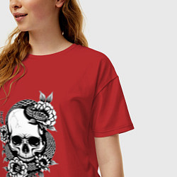 Футболка оверсайз женская Змея на черепе с цветами, цвет: красный — фото 2