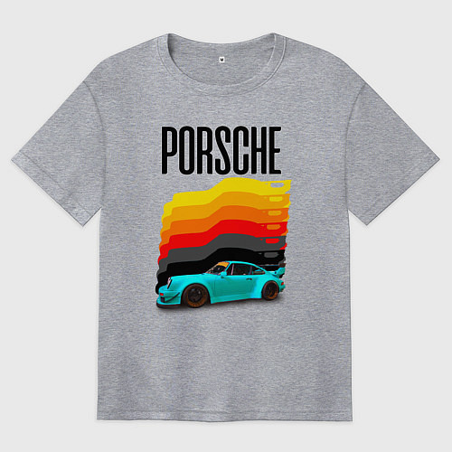 Женская футболка оверсайз Автомобиль Porsche на фоне флага Германии / Меланж – фото 1