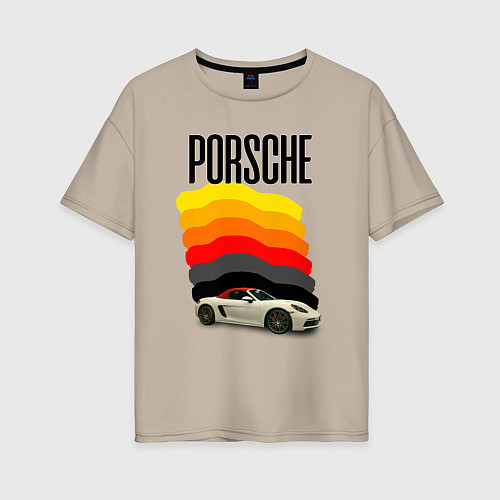 Женская футболка оверсайз Автомобиль Porsche на фоне флага ФРГ / Миндальный – фото 1