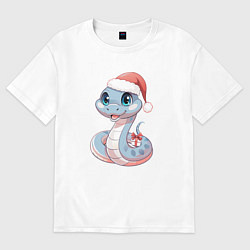 Футболка оверсайз женская Голубая новогодняя змея с подарком, цвет: белый