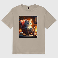 Футболка оверсайз женская Уютный кот у камина с чашкой какао, цвет: миндальный
