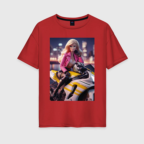 Женская футболка оверсайз Barbie on a Kawasaki sports motorcycle / Красный – фото 1