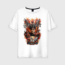 Футболка оверсайз женская Гарри Поттер на фоне феникса и пегаса, цвет: белый