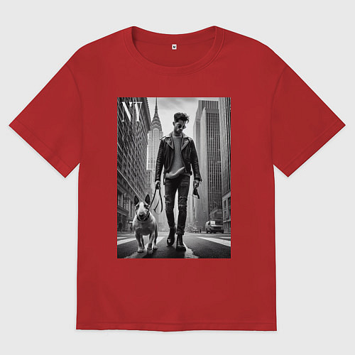 Женская футболка оверсайз Чувак с бультерьером - Нью-Йорк / Красный – фото 1