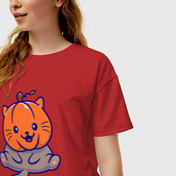 Футболка оверсайз женская Котик и тыква, цвет: красный — фото 2