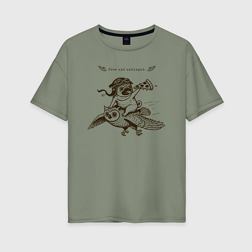 Женская футболка оверсайз Мопс летчик на сове и с пиццей / Авокадо – фото 1