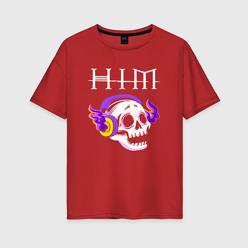 Женская футболка оверсайз HIM - неоновый череп / Красный – фото 1