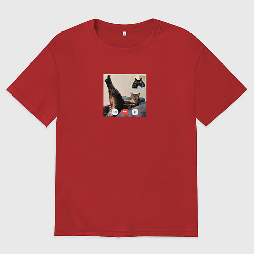 Женская футболка оверсайз Видеозвонок с кошкой - мем для пары / Красный – фото 1