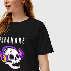 Футболка оверсайз женская Paramore - неоновый череп, цвет: черный — фото 2