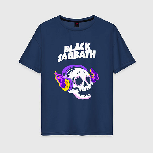 Женская футболка оверсайз Black Sabbath - неоновый череп / Тёмно-синий – фото 1