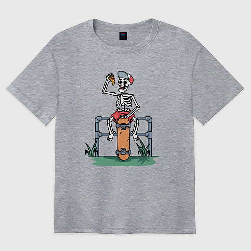 Женская футболка оверсайз Скелетик скейтер с пиццей / Меланж – фото 1