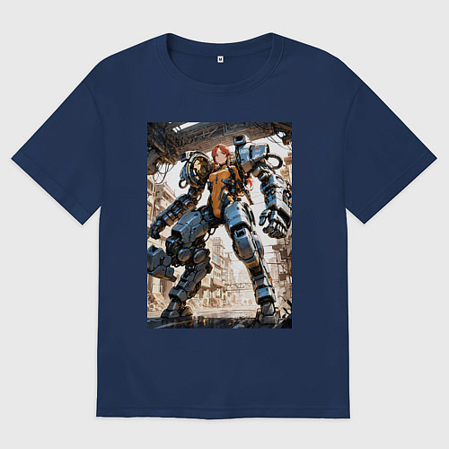 Женская футболка оверсайз Девушка управляет огромным мехом / Тёмно-синий – фото 1