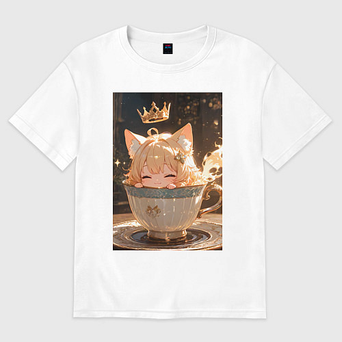 Женская футболка оверсайз Кошечка с короной в чашке / Белый – фото 1