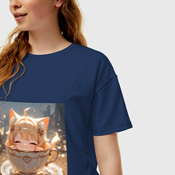 Футболка оверсайз женская Кошечка с короной в чашке, цвет: тёмно-синий — фото 2
