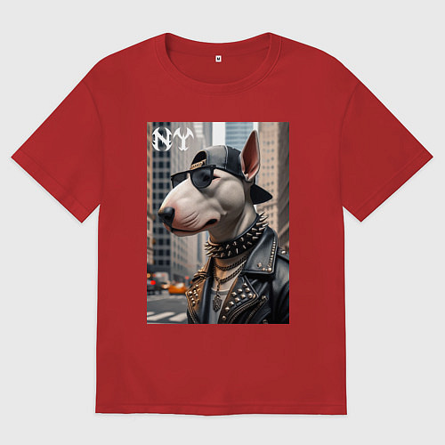 Женская футболка оверсайз Чувак бультерьер житель Нью-Йорка / Красный – фото 1