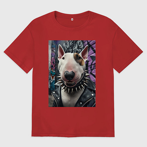 Женская футболка оверсайз Морда крутого бультерьера / Красный – фото 1