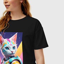 Футболка оверсайз женская Котик в стиле киберпанк, цвет: черный — фото 2