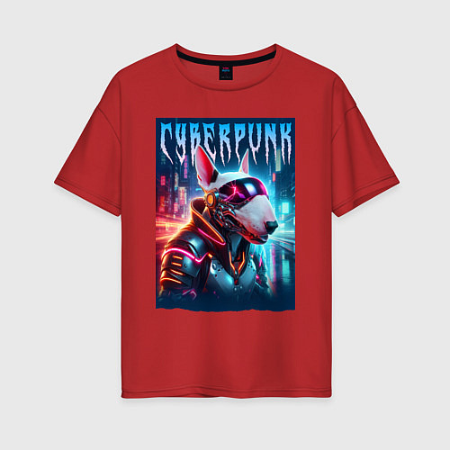 Женская футболка оверсайз Dude bull terrier - cyberpunk / Красный – фото 1