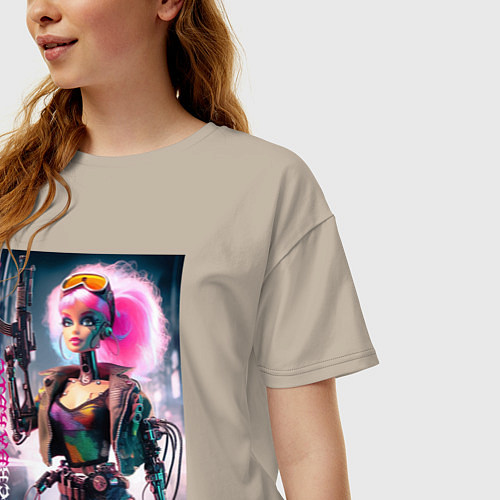 Женская футболка оверсайз Cyber Barbie with gun - ai art / Миндальный – фото 3