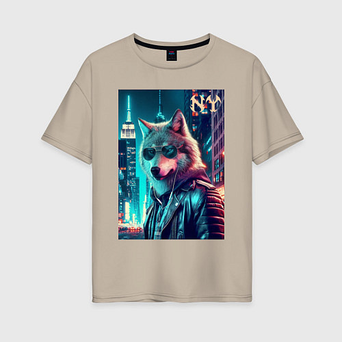 Женская футболка оверсайз Крутой волчара в ночном Нью-Йорке - нейроарт / Миндальный – фото 1