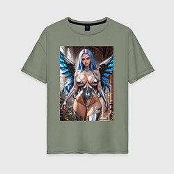 Женская футболка оверсайз Девушка с киберимплантами крыльев