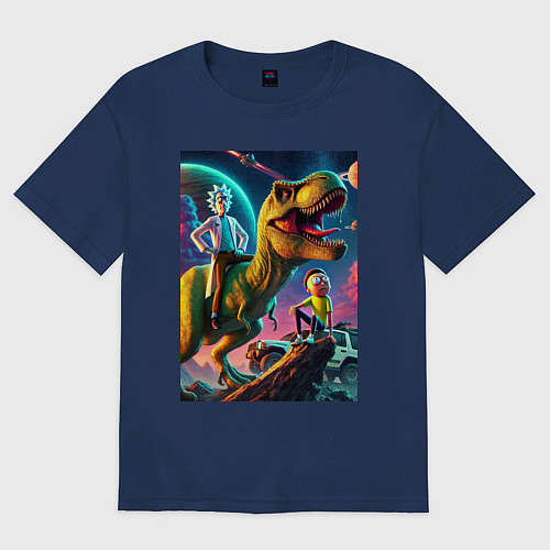 Женская футболка оверсайз Приключения Рика и Морти на планете динозавров / Тёмно-синий – фото 1