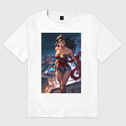 Футболка оверсайз женская Чудо-женщина на крыше с городским фоном в стиле ко, цвет: белый